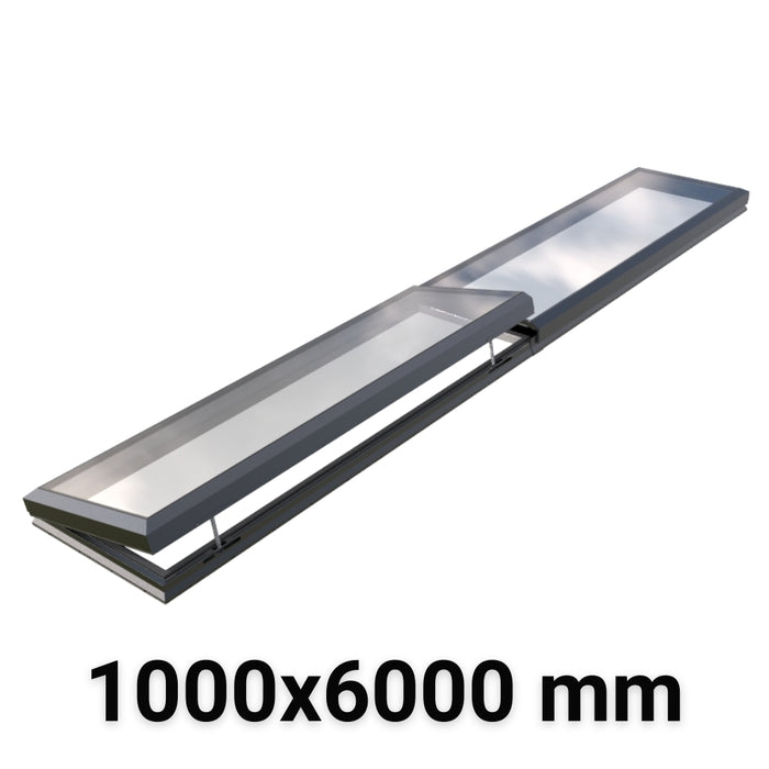 1000 x 6000 mm Electric Opening Modular Skylight | Glass Link | 1 Fixed 1 Opening