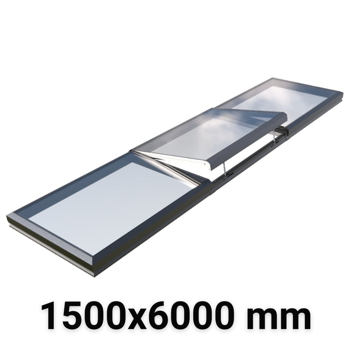 1500 x 6000 mm Electric Opening Modular Skylight | Glass Link | 2 Fixed 1 Opening