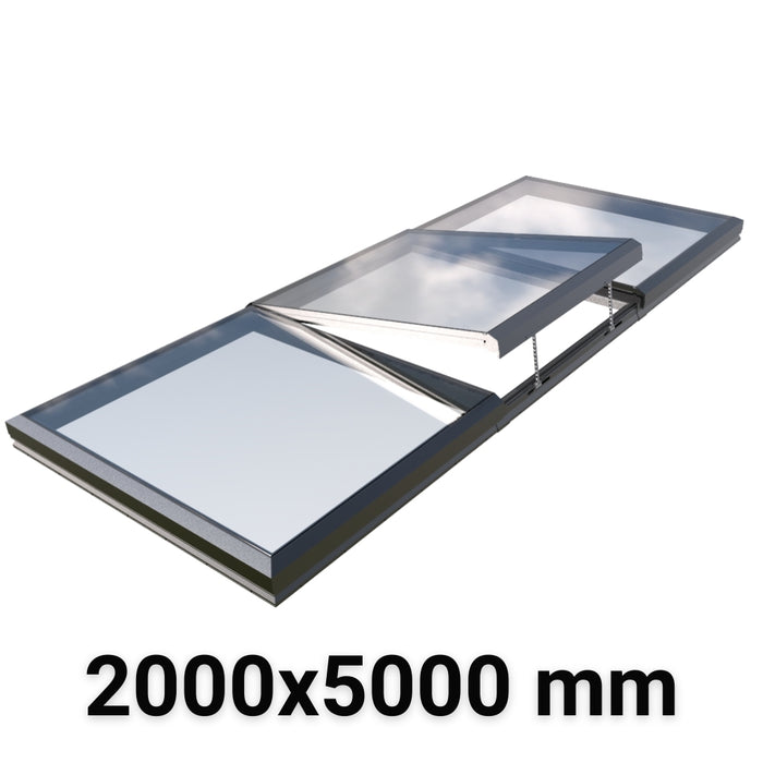 2000 x 5000 mm Electric Opening Modular Skylight | Glass Link | 2 Fixed 1 Opening