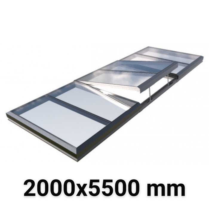 2000 x 5500 mm Electric Opening Modular Skylight | Glass Link | 2 Fixed 1 Opening