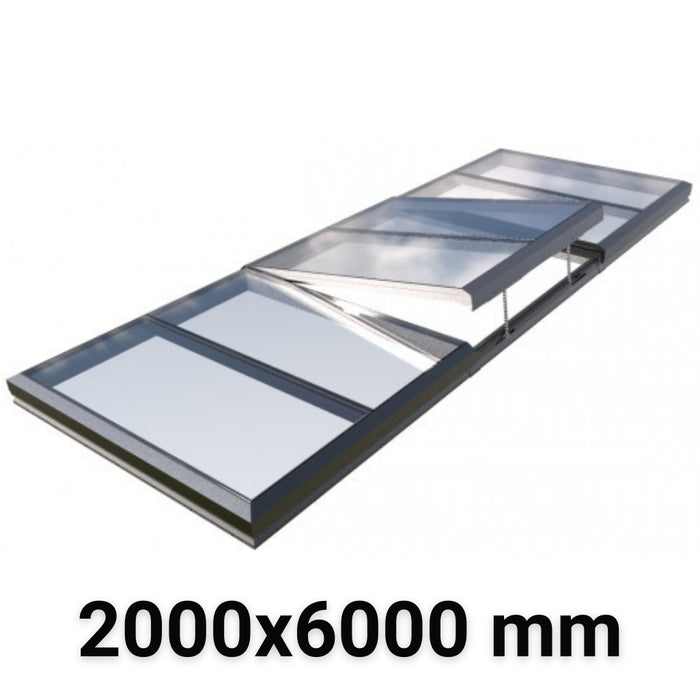 2000 x 6000 mm Electric Opening Modular Skylight | Glass Link | 2 Fixed 1 Opening