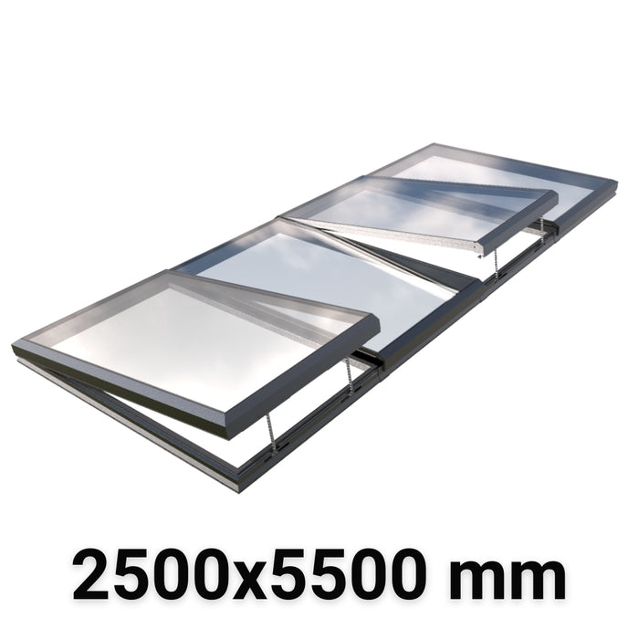 2500 x 5500 mm Electric Opening Modular Skylight | Glass Link | 2 Fixed 2 Opening