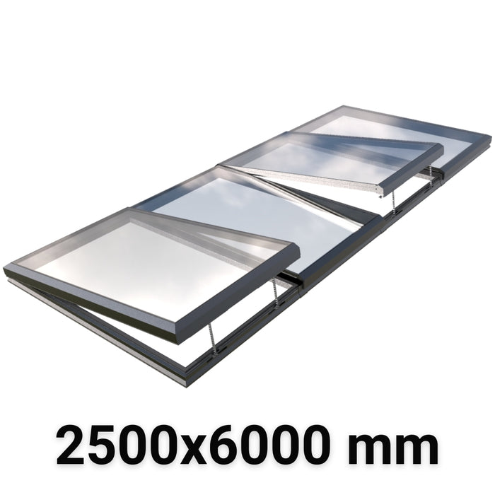 2500 x 6000 mm Electric Opening Modular Skylight | Glass Link | 2 Fixed 2 Opening