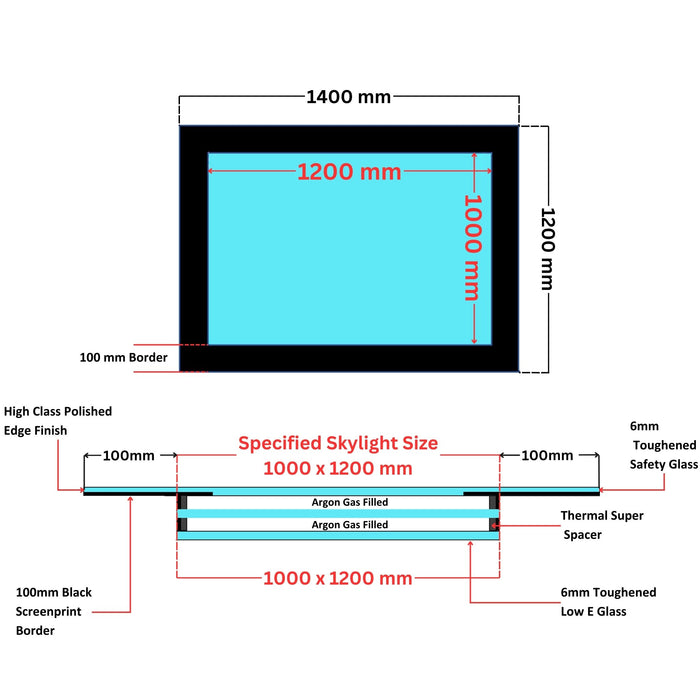 Triple Glazed Frameless Skylight (Pitched Roof) 1000 x 1200 mm.